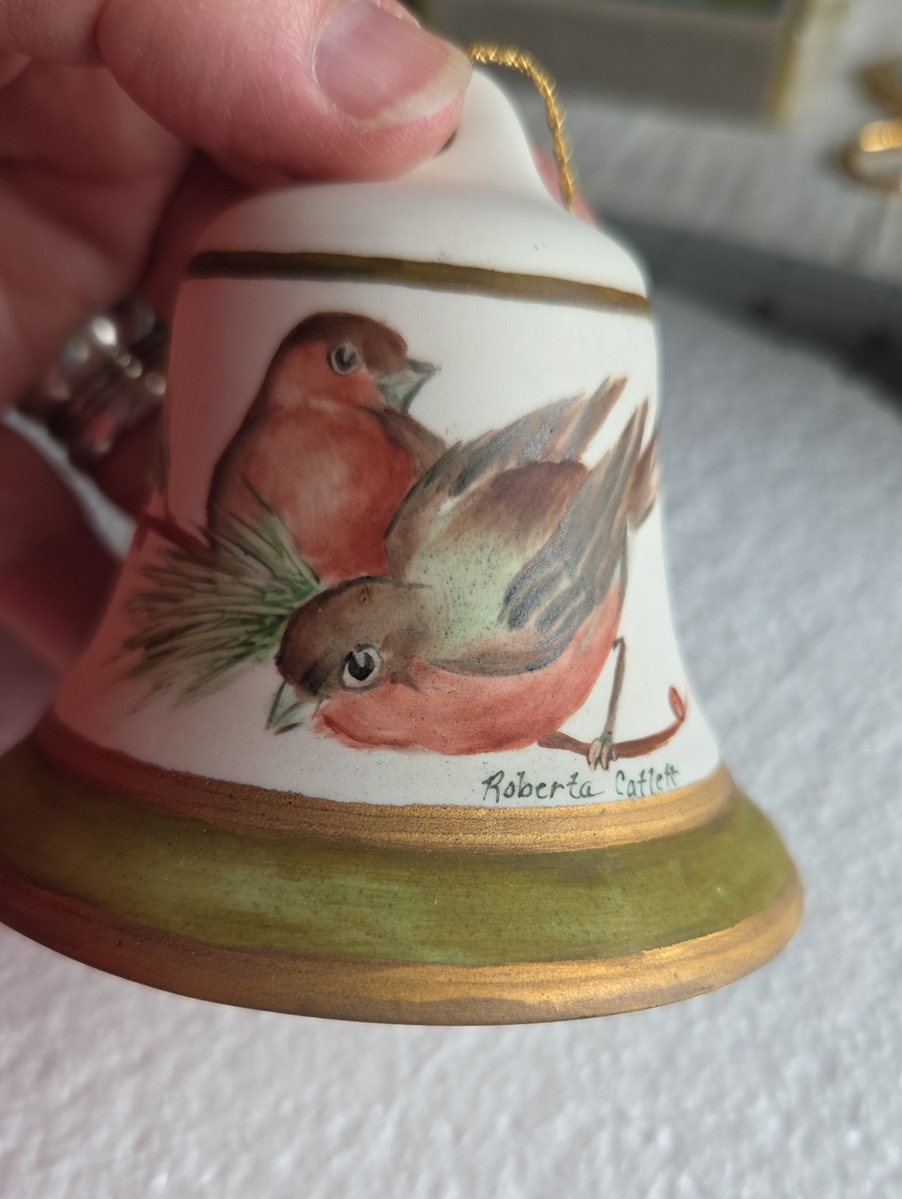 Hand-Painted Bird Bell Ornament in White and Green by